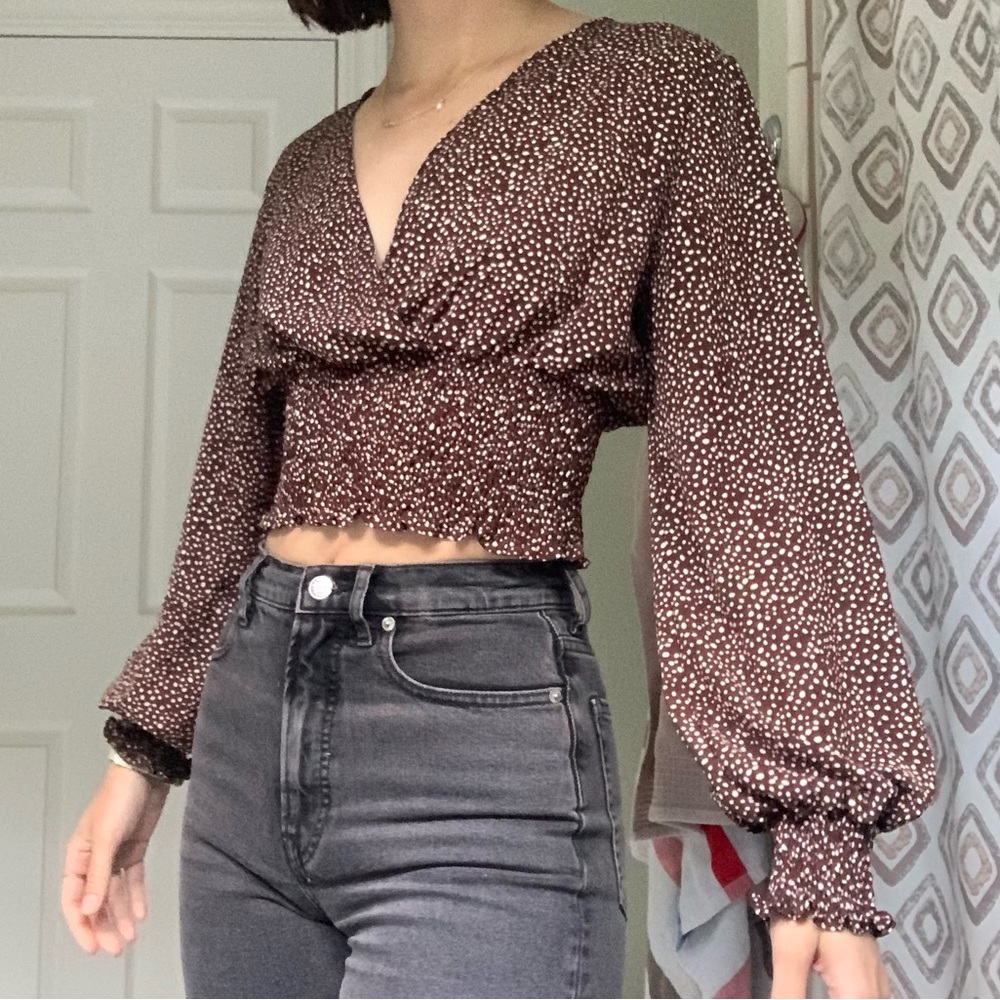 Brown and White Dot Long-Sleeve Blouse